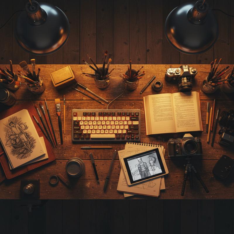 A workbench covered in diverse tools including brushes, keyboard, books, and camera equipment, warm amber studio lighting, editorial photography