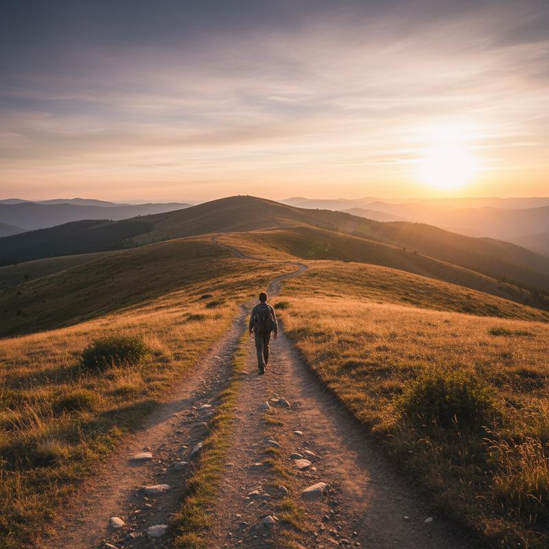 A person walking confidently along a winding mountain path toward the sunset, warm golden light, editorial photography