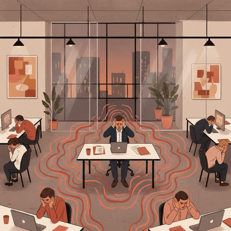 A stressed leader at a desk with stress waves radiating outward toward their team