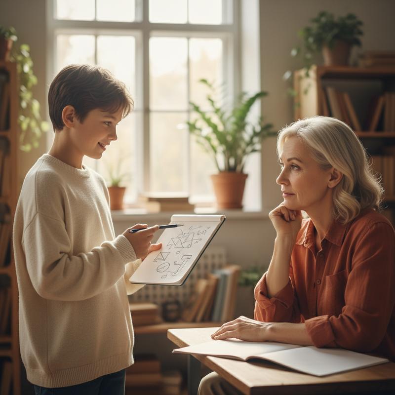 A teacher listening attentively while a student explains something, roles reversed in a learning moment