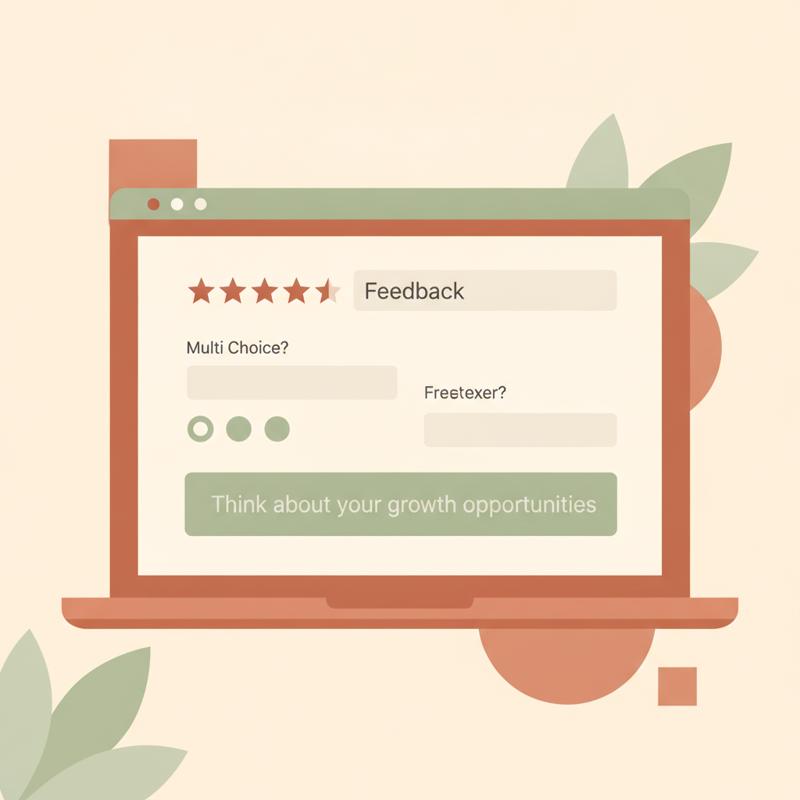 Illustration of a feedback survey form on a laptop screen with hidden instruction text inside one of the answer fields