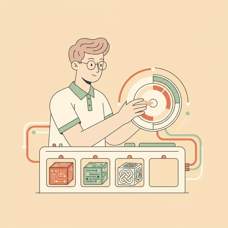 A software engineer turning a single dial to swap between interchangeable AI engine modules, representing changing models with a config change
