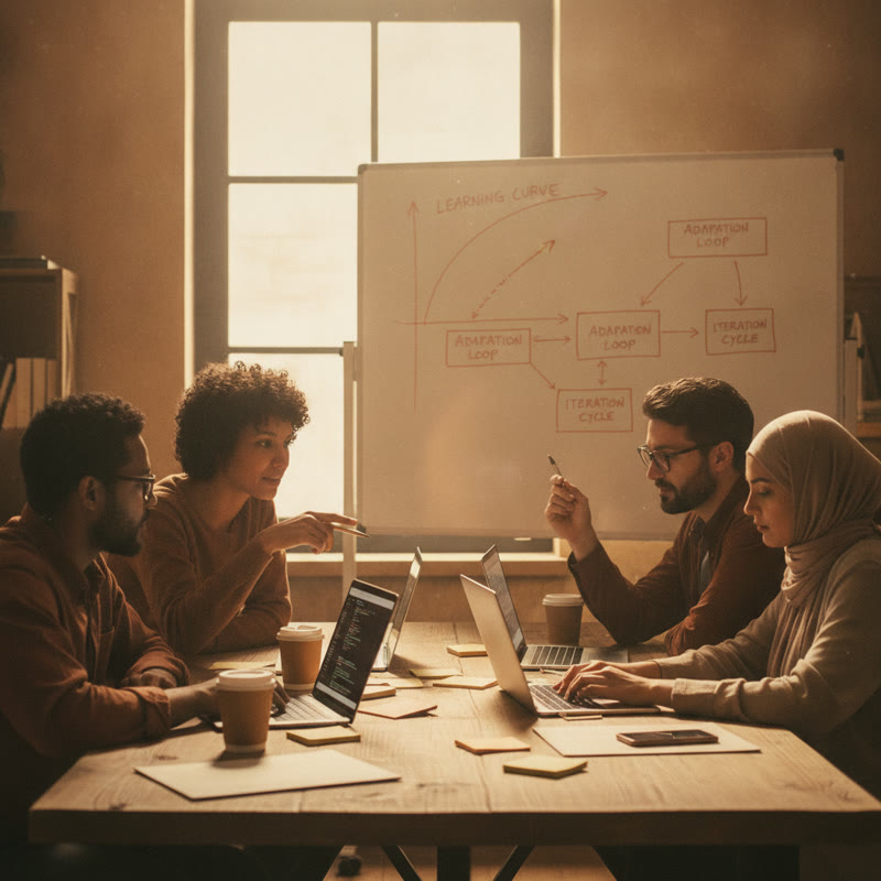 A diverse team collaborating intensely around laptops with a learning curve diagram on the whiteboard behind them