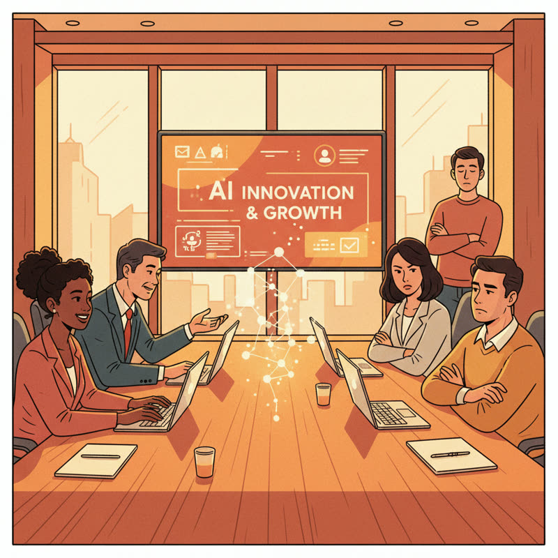 A diverse team in a meeting room around an AI presentation, some engaged and some sceptical