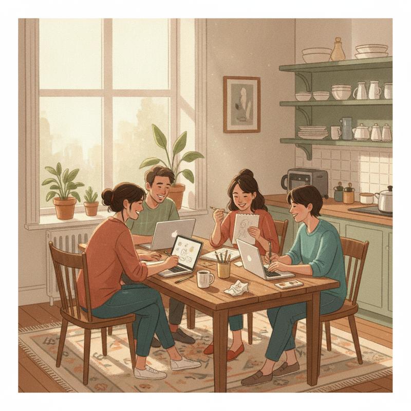 A small team gathered around a kitchen table with laptops closed, sketching together on paper