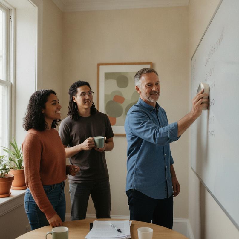 A manager in his fifties wiping a date off a whiteboard while two teammates holding coffee mugs watch and smile