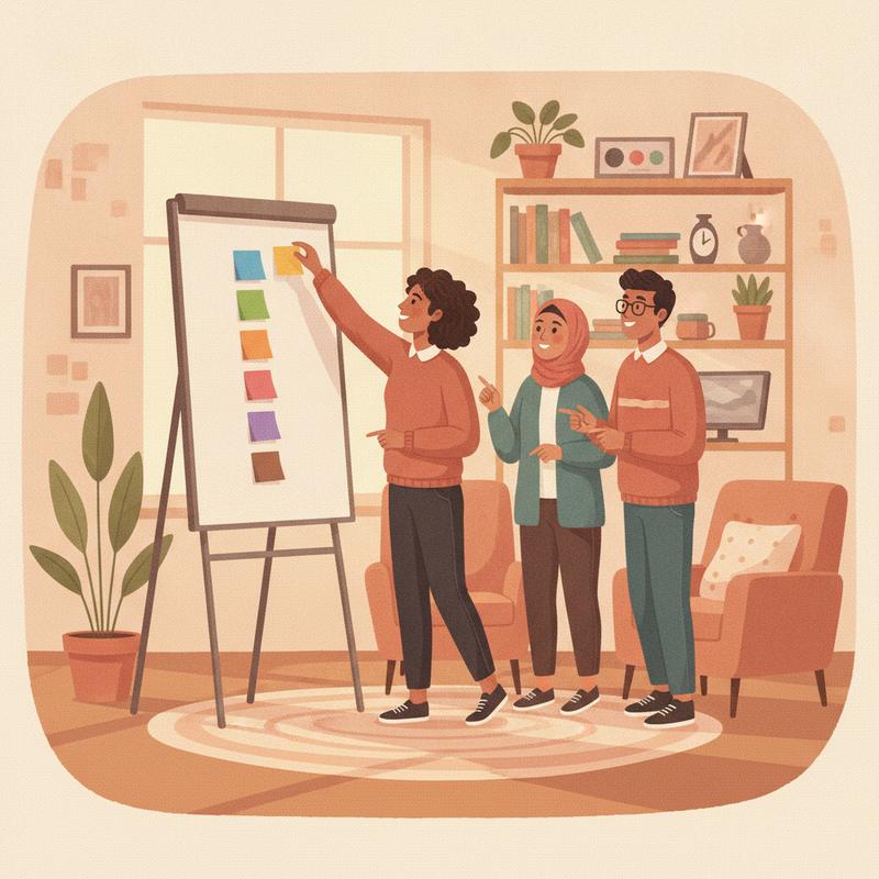 Three colleagues at a flip chart arranging colored sticky notes into a single ranked column, one moving a note to the top