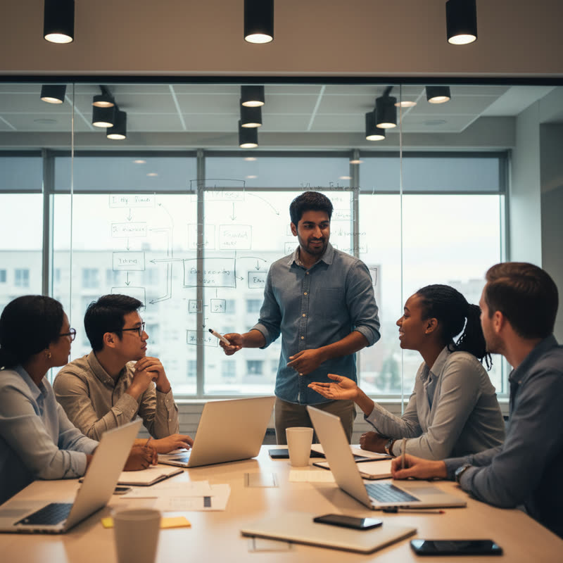 A diverse team in an animated engineering meeting, one member speaking up confidently at a whiteboard