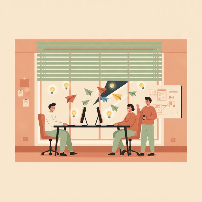 A small software team inside a room with the blinds half shut while paper airplanes carrying lightbulbs fly outside the window