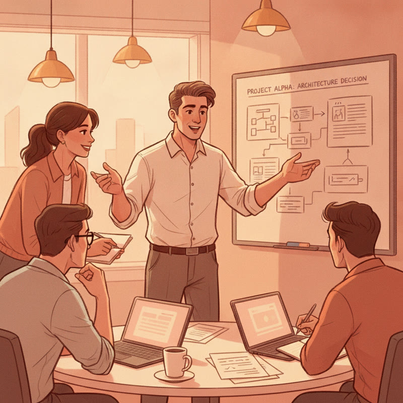 A tech leader explaining the reasoning behind a decision to engaged engineers around a whiteboard