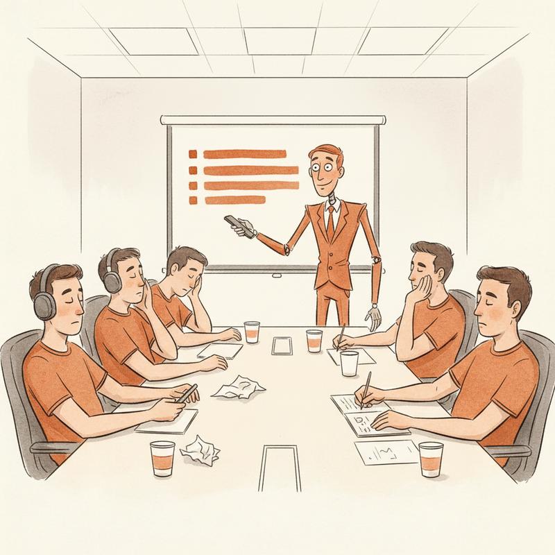 A tech manager with robotic posture presenting bullet points to a disengaged team