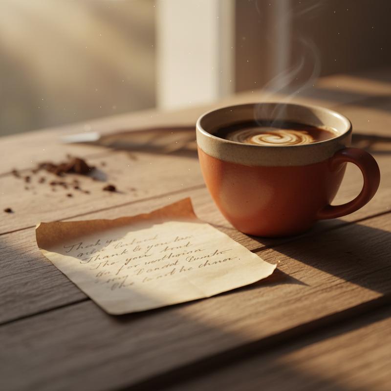 A weathered handwritten thank-you note resting on a wooden desk beside a coffee mug