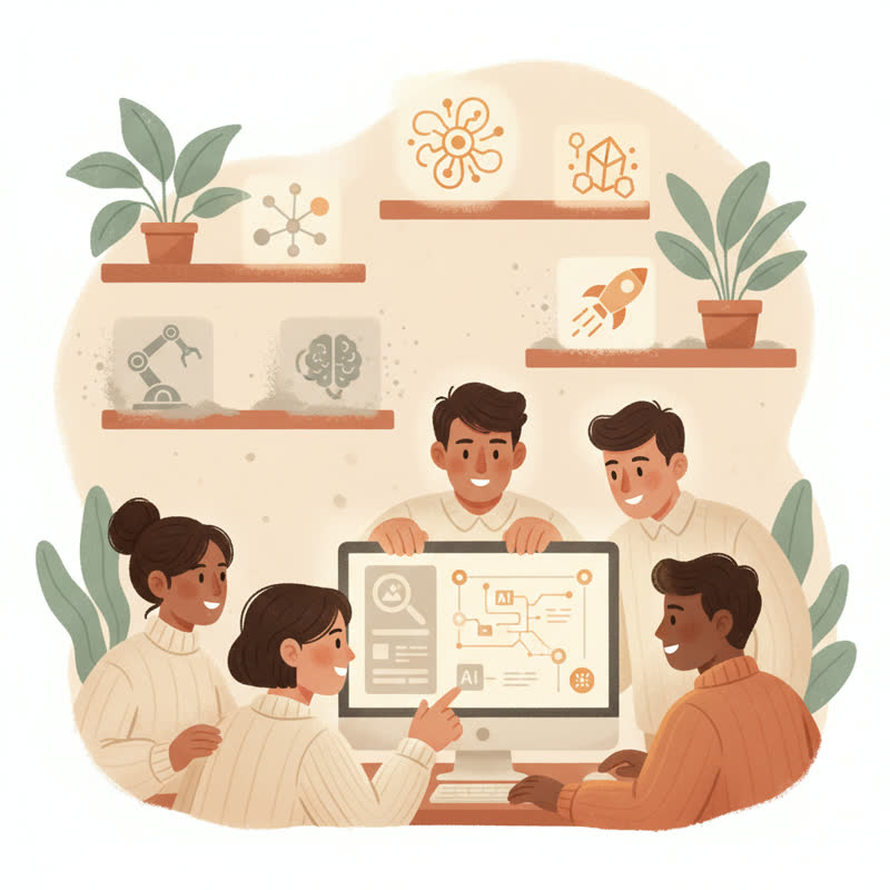 A small team huddled around a screen learning a new tool while older tools fade in the background