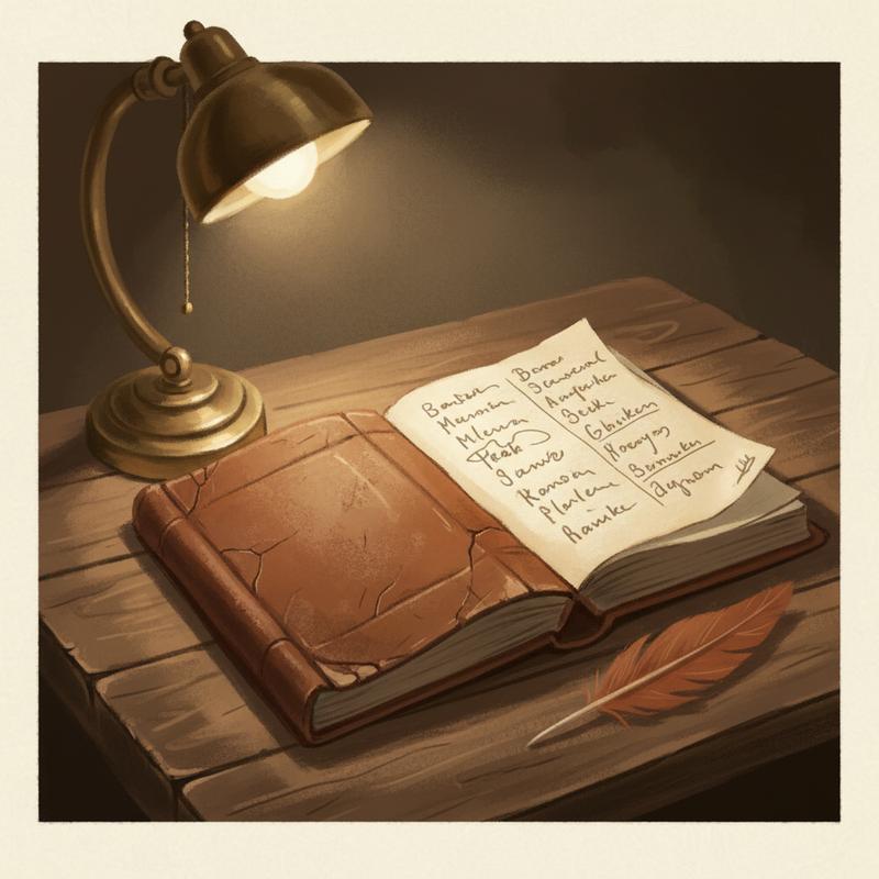 A weathered notebook on a desk with handwritten names