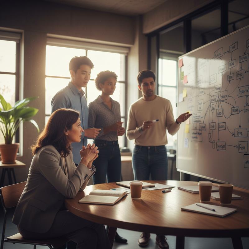 A leader at a round table, listening attentively while team members present ideas at a whiteboard