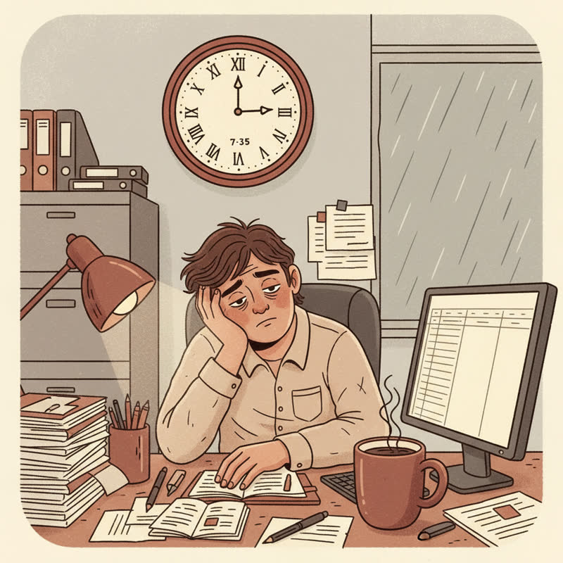 A tired office worker stares at the clock on a grey Monday morning