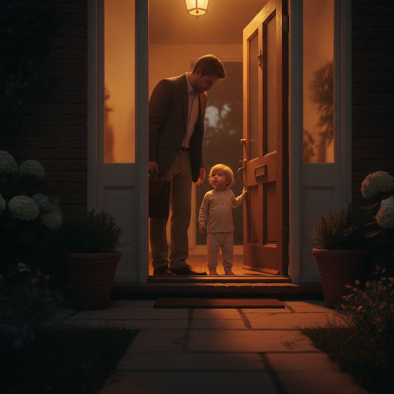 A tired parent walks through a front door at dusk while a small child watches from the doorway