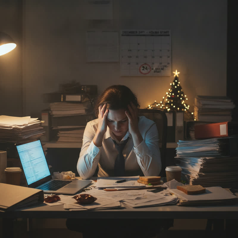 A professional sitting at a cluttered desk, head in hands, overwhelmed before a holiday break