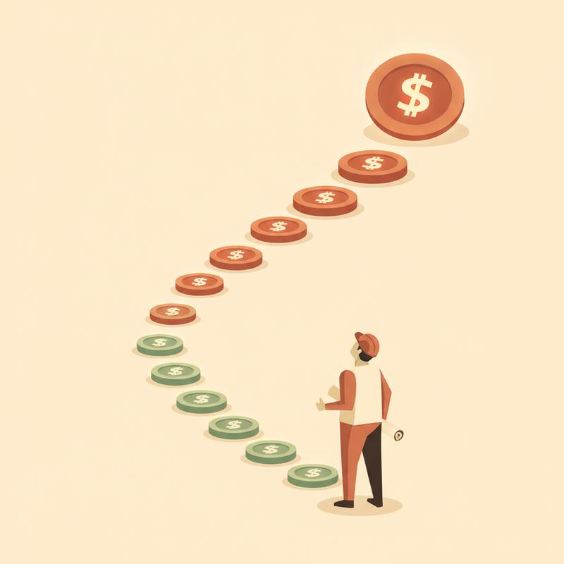 Illustration of a descending staircase of shrinking token coins with an engineer looking up from the bottom