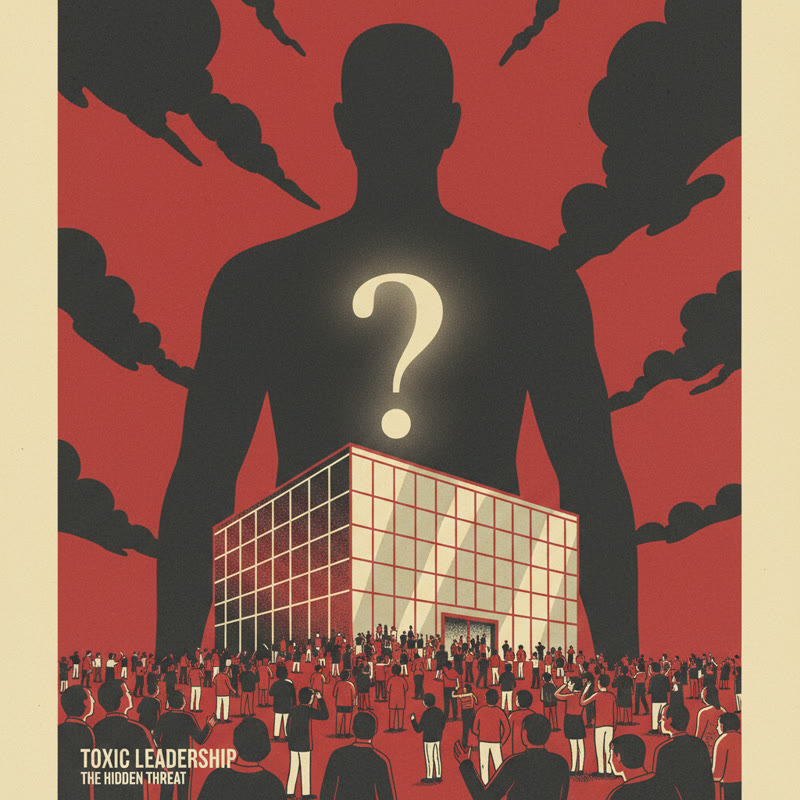 A large shadowy figure with a question mark looming over an office building with employees below