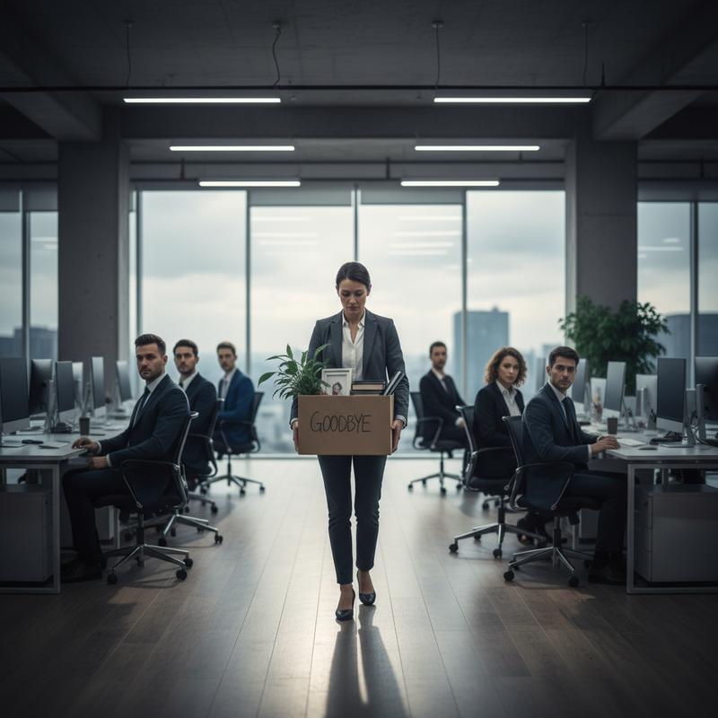 An employee walking out of an office carrying their belongings