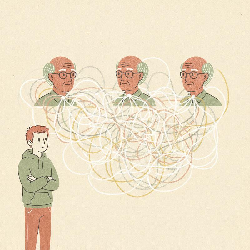 Senior engineers connected by faint chalk lines representing unwritten rules while a new engineer stands outside the tangle