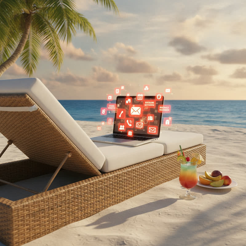 A laptop open on a beach sun lounger, work notifications glowing on screen next to a tropical drink