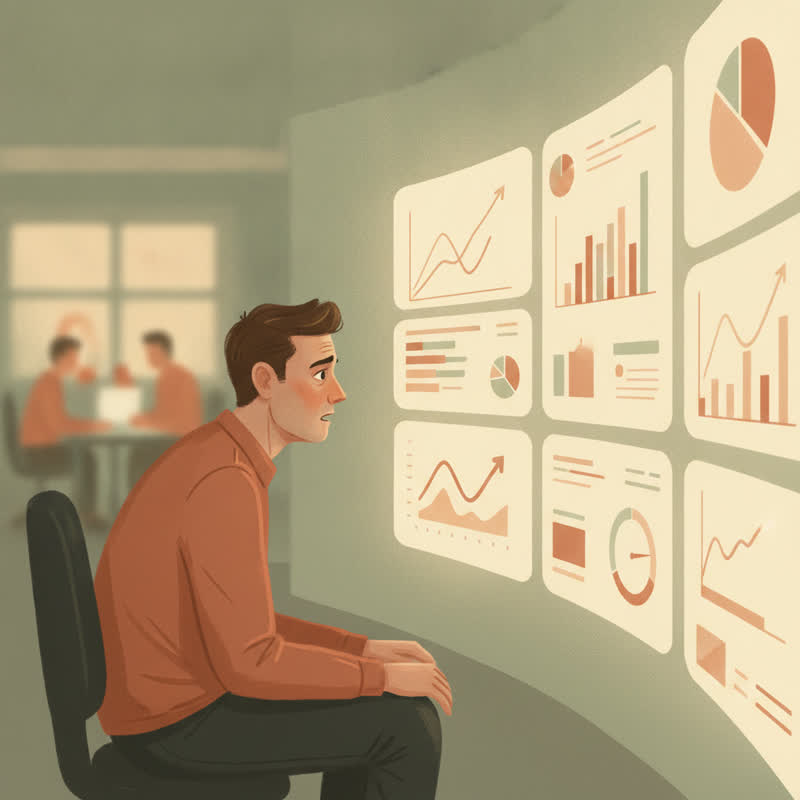 An engineering manager alone in a dim office, surrounded by a curved wall of glowing productivity dashboards and gauges, while a blurred software team works in the distance