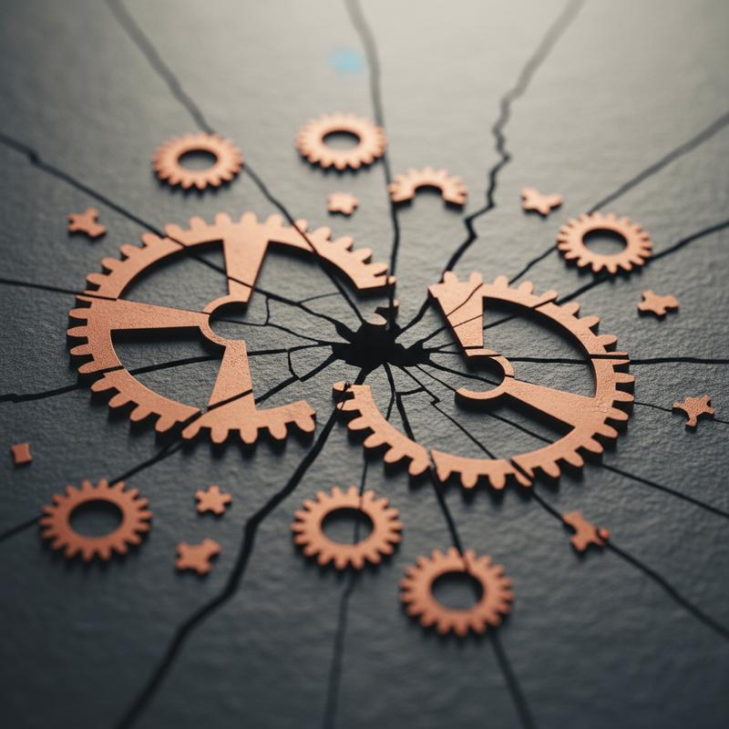 Fragmented gears representing the cost of low trust in engineering teams