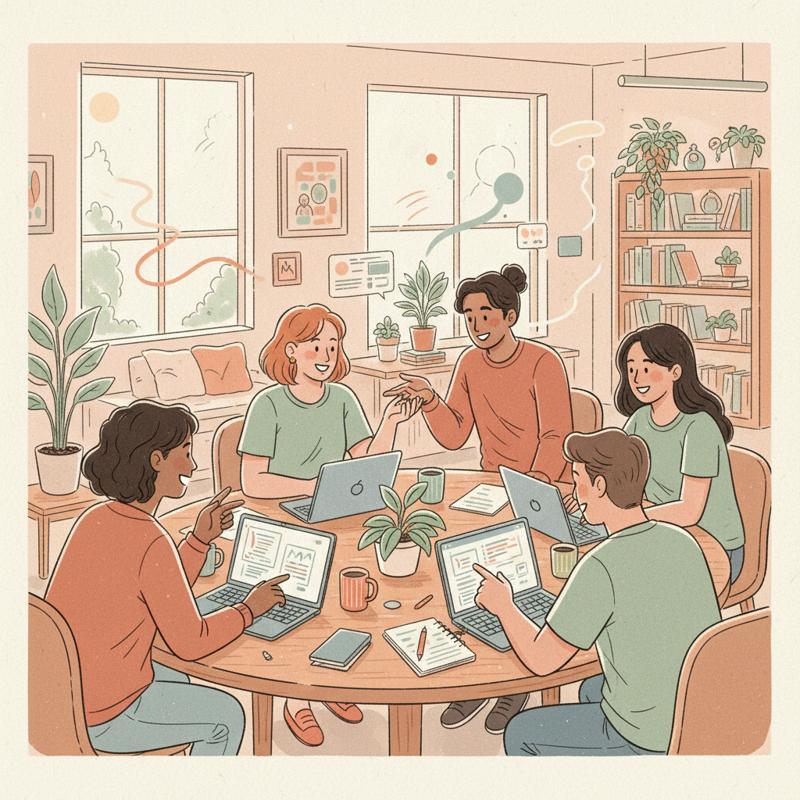 A software team collaborating with ease around a table of laptops
