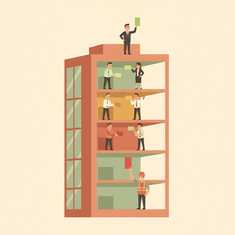 An office building cut away to show five floors, with a red warning card held up by an engineer on the ground floor fading to orange, yellow and finally green as managers pass it up to a smiling executive on the roof