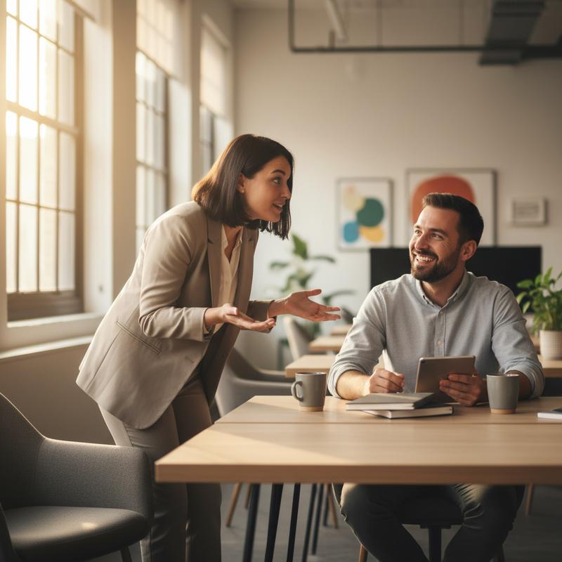 Two colleagues in an open, engaged conversation