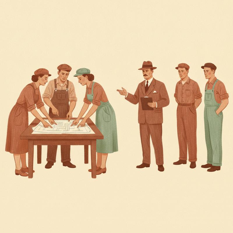 Two groups of workers, one planning together around a table, the other being talked at by a supervisor with a clipboard