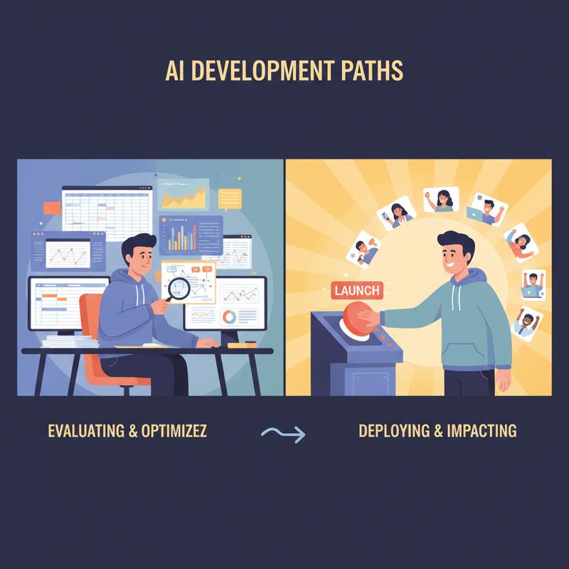 Two development paths: exhaustive evaluation on the left, deploying to real users on the right