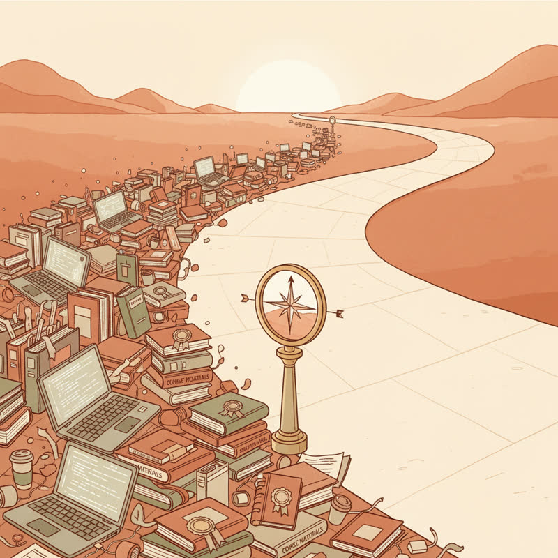 Two paths diverge: one buried in laptops and certification stacks, the other clear and open with a compass at the start