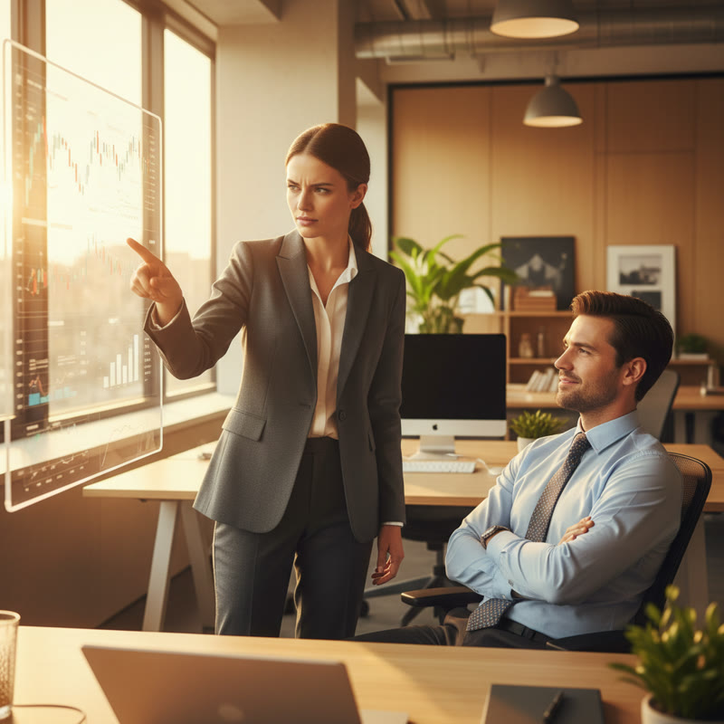 Two people in a professional disagreement - one skeptical, one calm and confident