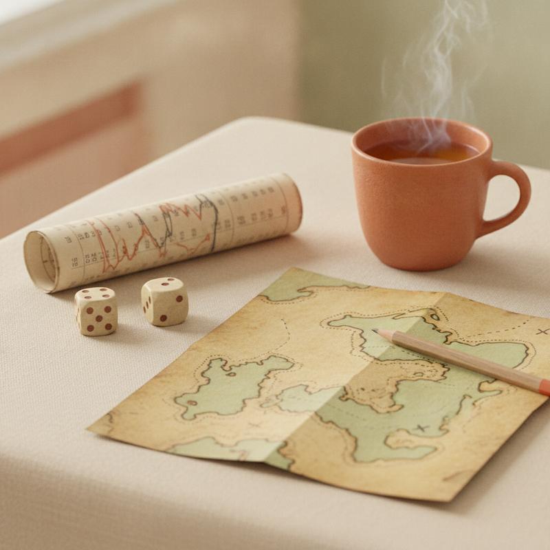 Dice and a rolled stock chart sit beside a hand-drawn map, a pencil, and a cup of tea
