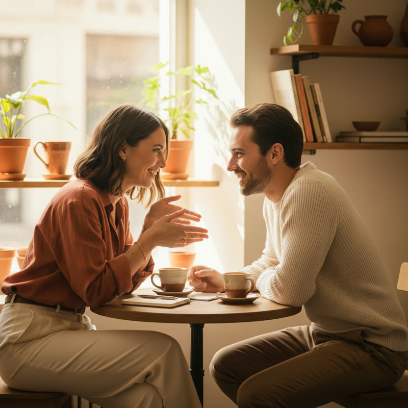 Two professionals in a genuine, focused one-on-one conversation
