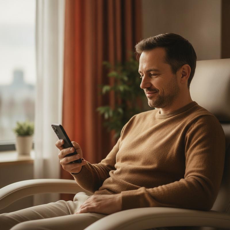 A man in a treatment chair smiling at a text message on his phone