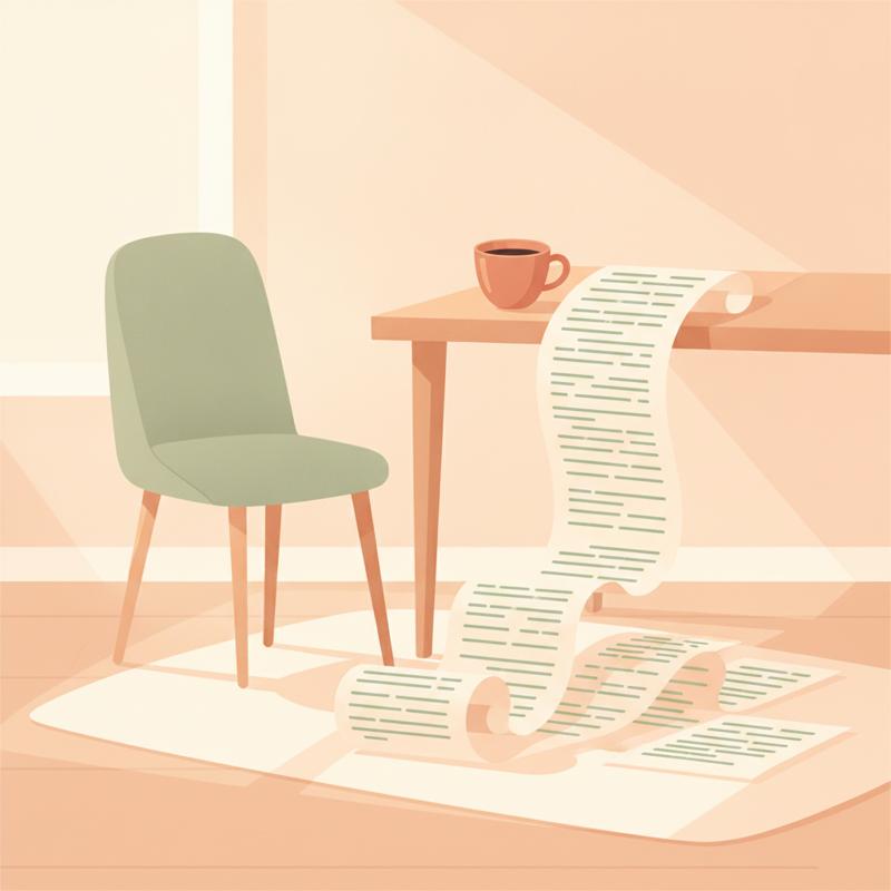 A long printed audit log spilling off a desk onto the floor, unread, weighted down by a coffee cup