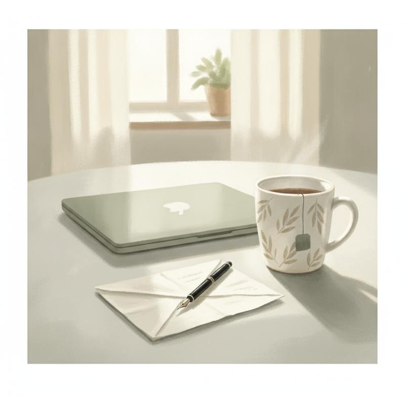 An unsent letter and a closed laptop on a kitchen table in morning light, next to a cold mug of tea