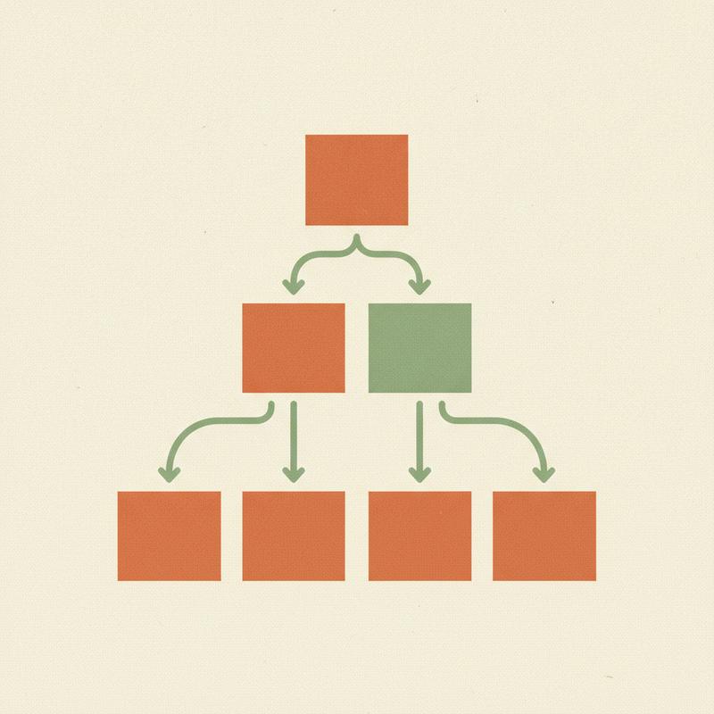 Illustration of an org chart pyramid with small arrows flowing upward toward the top block
