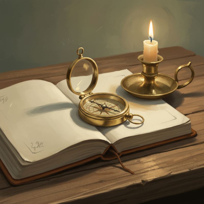 An old brass compass on a weathered wooden writing desk beside an open journal
