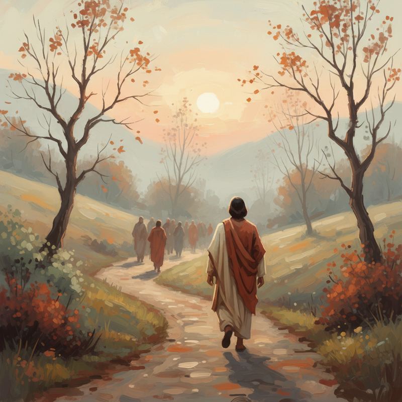 A lone figure walking away from a crowd on a misty path at dusk