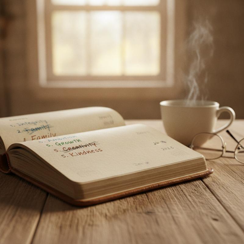 An open notebook on a kitchen table with a handwritten list of values, several crossed out and rewritten in different inks from different years, beside a cup of tea and reading glasses