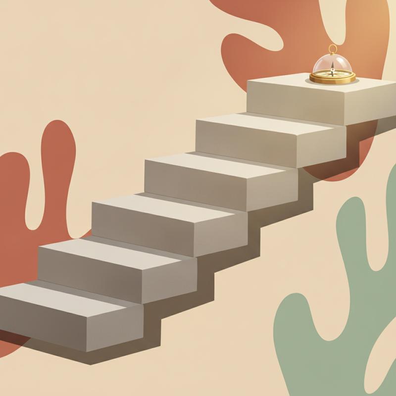 Stone staircase of six plain blocks rising to the right with a brass compass resting on the top step