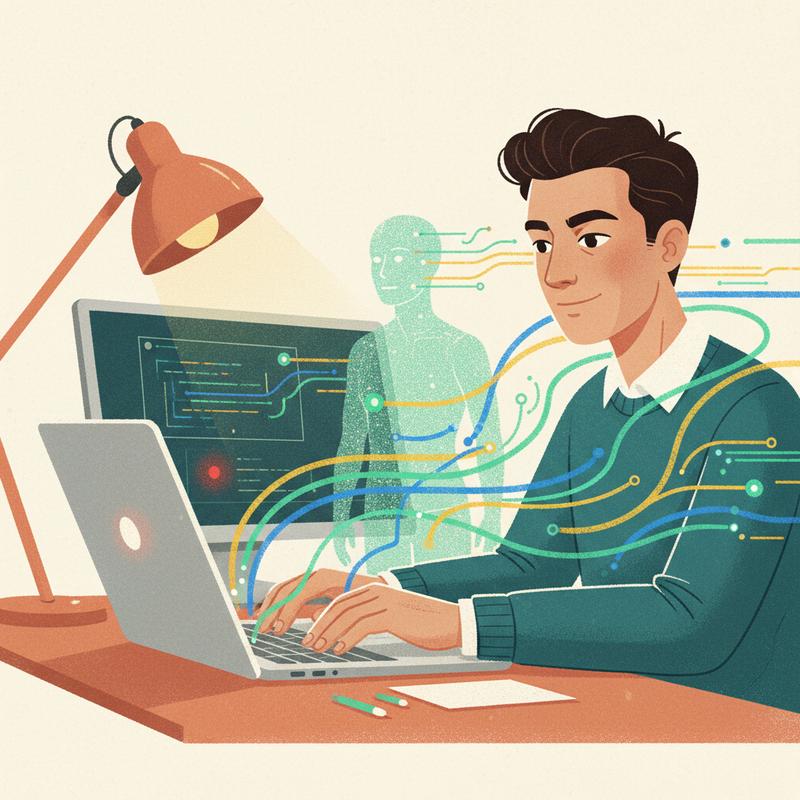 A confident developer at a laptop with AI-generated code streams, a small warning indicator on a second screen