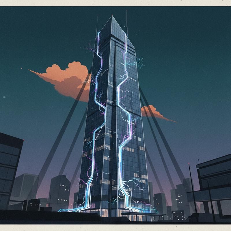 A glass office tower at twilight with bright data leaking through cracks in the facade