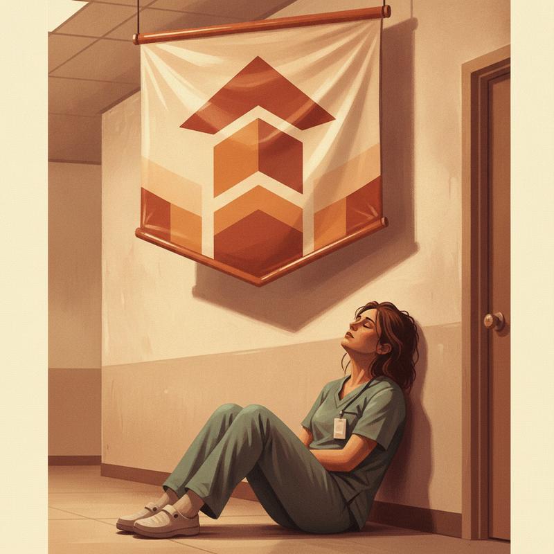 An exhausted nurse sits on a hospital corridor floor beneath a glossy corporate vision banner