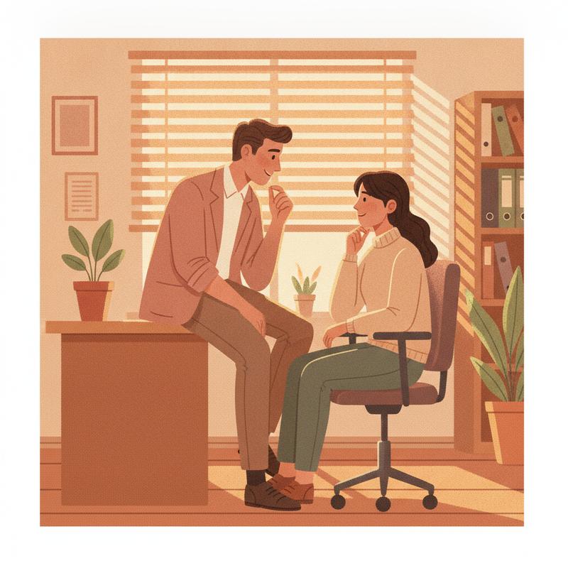 A manager sits on the edge of a desk in a quiet one to one conversation with a team member
